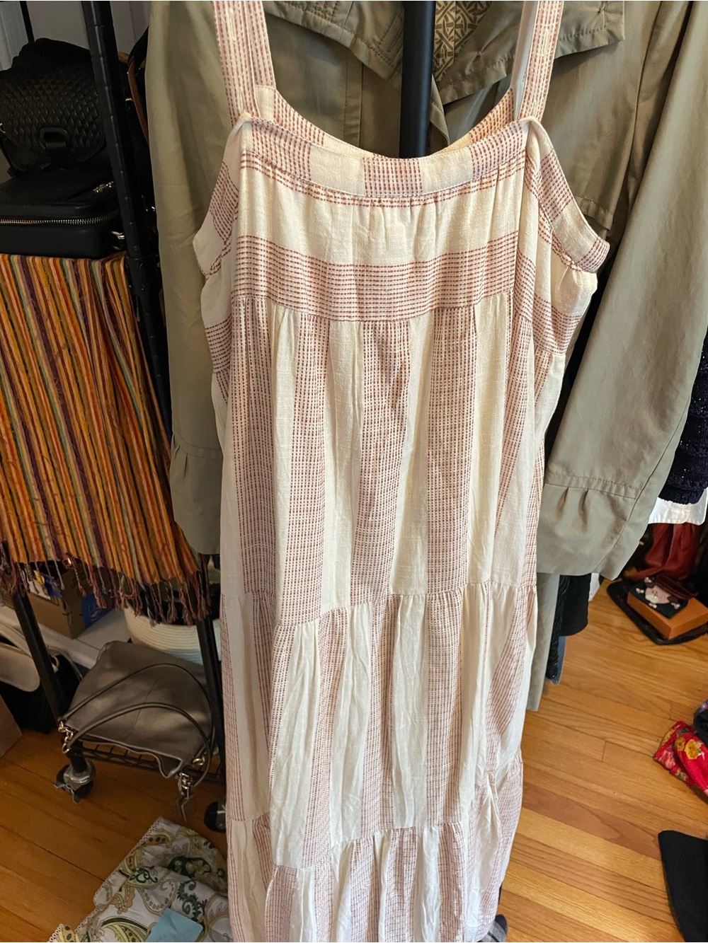Laude the Label Tiered Cotton Dress Cream Rust Stripe Midi L - Picture 8 of 8